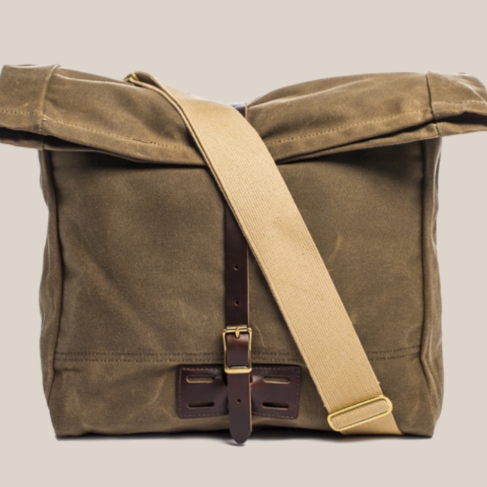 Archival Roll Top Messenger Bag in Tan Waxed Cotton Twill